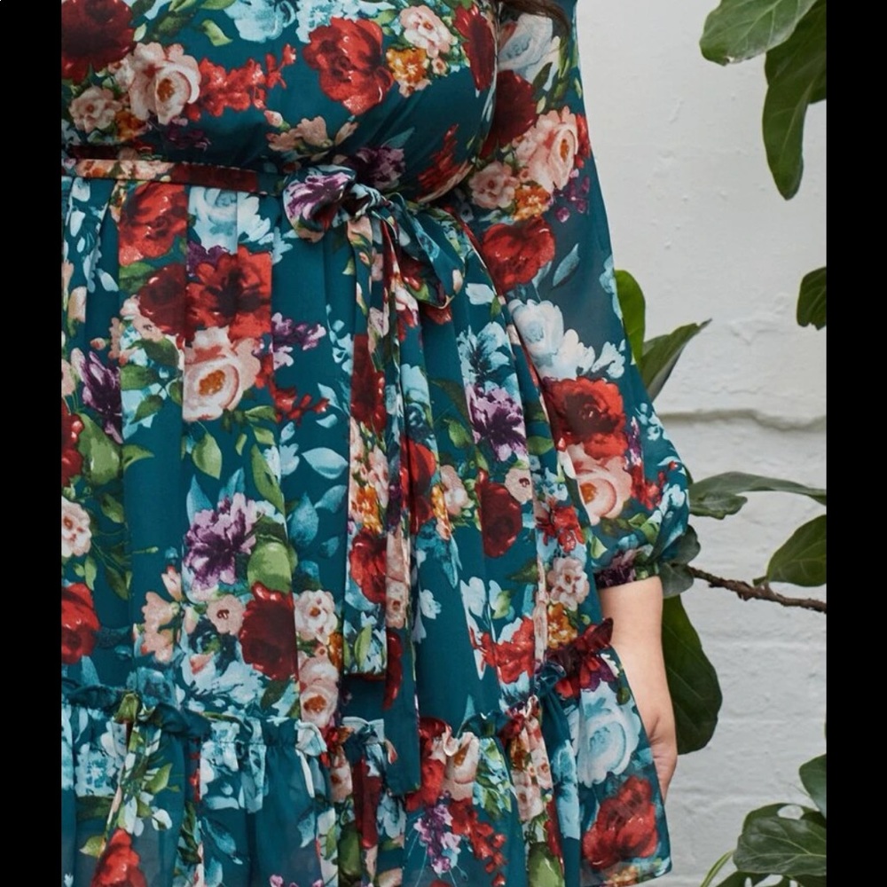 Boho Plus Size Floral Print Long Sleeves Belted Dress - Picture 4 of 7
